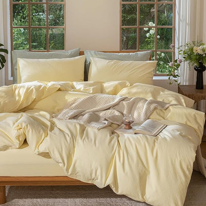 MooMee Bedding Duvet Cover Set 100% Washed Cotton Linen Like Textured Breathable Durable Soft Comfy (Heathered Butter Yellow, Cal King 104"x98")