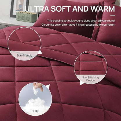 Love's cabin Twin Comforter Set Burgundy, 5 Pieces Twin Bed in a Bag, All Season Bedding Sets with 1 Comforter, 1 Flat Sheet, 1 Fitted Sheet, 1 Pillowcase and 1 Pillow Sham