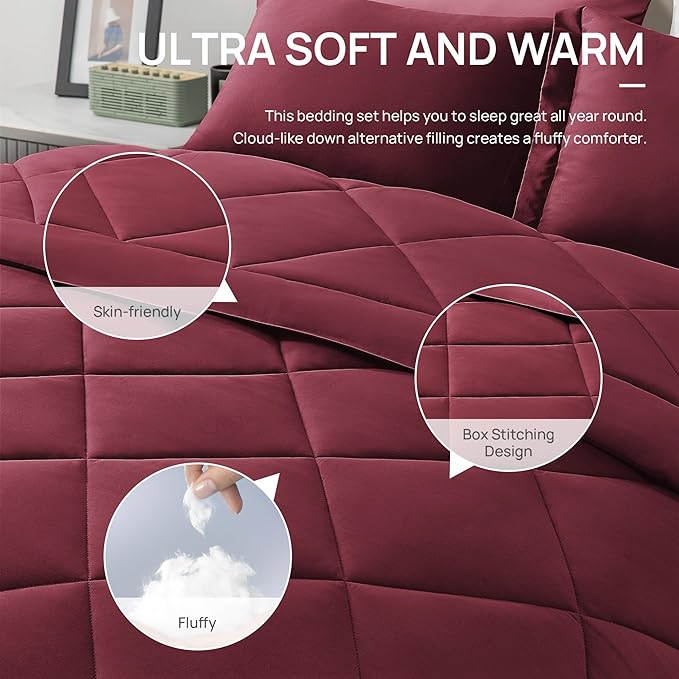 Love's cabin Twin XL Comforter Set Burgundy, 5 Pieces Twin XL Bed in a Bag, All Season Bedding Sets with 1 Comforter, 1 Flat Sheet, 1 Fitted Sheet, 1 Pillowcase and 1 Pillow Sham