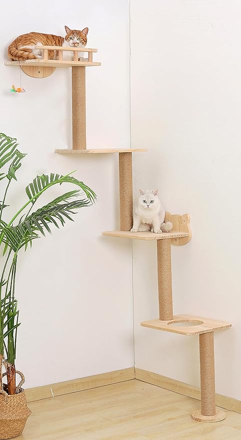 Cat Tree Wall Mounted with 4 Levels Shelves, 73" Wood Corner Tower Inside Kitten Scratching Post for Climbing,Perching and Lounging (Right to Left)-Mewly Pet