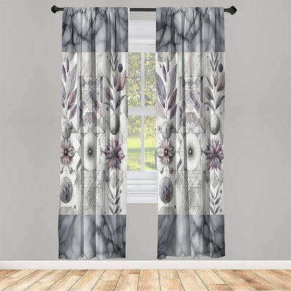 Ambesonne Geometric Floral Window Curtains Pack of 2, Classic Marble Print Ornate Leafy Flowers and Futurist Stripes, Lightweight Set with Rod Pocket, 4 Panels of - 28" x 95", Ceil Blue Laurel Green