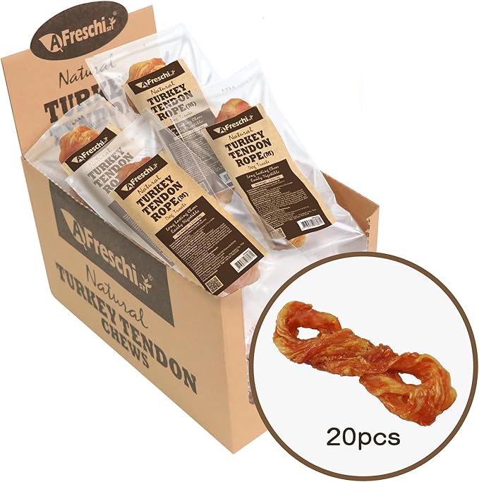 Afreschi Natural Turkey Tendon Rope (M) 20 Units/Box, Dog Treats for Signature Series, All Natural Human Grade Puppy Chew, USA-Sourced Turkey Tendon, Hypoallergenic, Rawhide Alternative-Mewly Pet