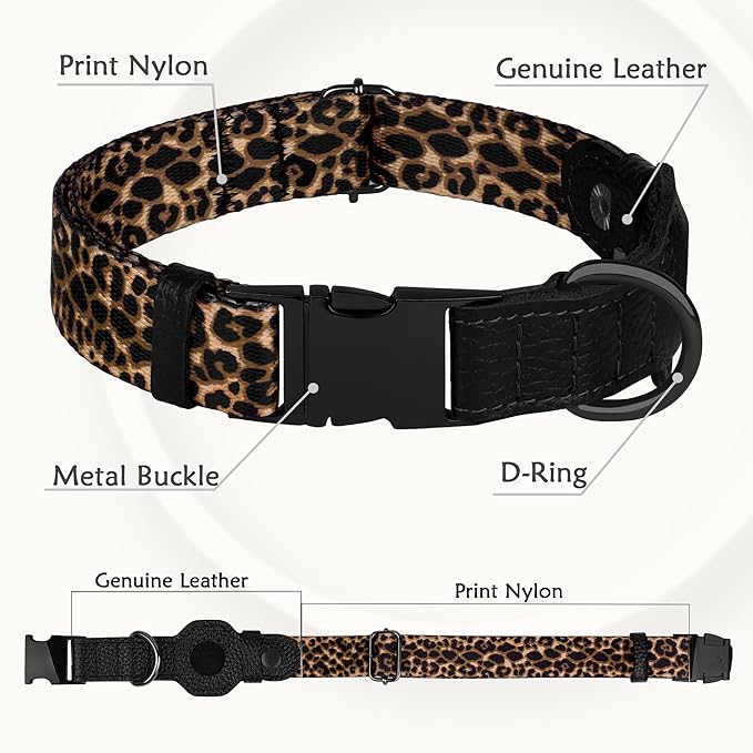 AirTag Dog Collar for Small Medium Large Breed - Adjustable Cute Pattern Dog Collar with Airtag Holder - Soft Leather Tracker GPS Apple Air Tag Pet Collars (Large, 17"-21" Neck Fit, Leopard)-Mewly Pet
