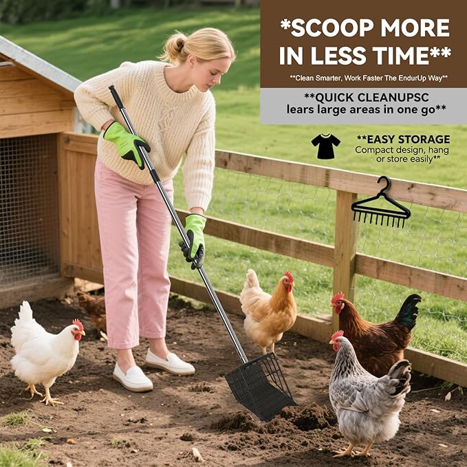 2 in 1 Chicken Poop Scooper Rake , 2 Rakes and 4 Sections Adjustable Stainless Steel Handle 37.4 - 68.9 Inch, Litter Scoop Chicken Coop Scoop for Animal Farm and Poultry Habitats with Gloves-Mewly Pet