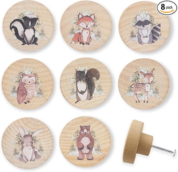 8Pack1.8 Natural Wood Nursery Dresser Cabinet Furniture Knobs Wooden Animal Cabinet Kids Cute Drawer Pulls