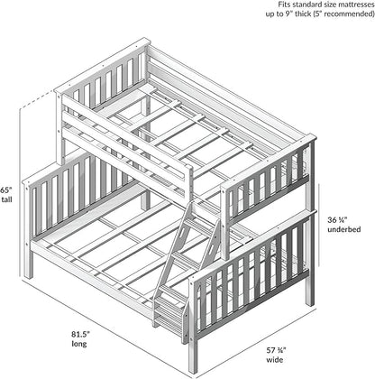 Max & Lily Bunk Bed Twin Over Full Size with Ladder, Solid Wood Platform Bed Frame with Ladder for Kids, 14" Safety Guardrails, Easy Assembly, No Box Spring Needed, White