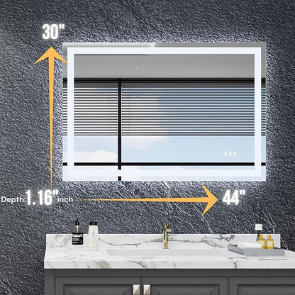 LED Bathroom Mirror with Lights 44"x 30", Anti-Fog, Dimmable, Backlit + Front Lit, Lighted Bathroom Vanity Mirror for Wall, Memory Function, Tempered Glass (Horizontal/Vertical)