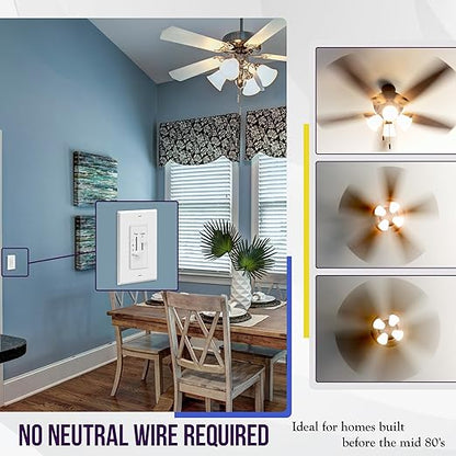 ENERLITES 3 Speed Ceiling Fan Control and LED Dimmer Light Switch, 2.5A Single Pole Light Fan Switch, 300W Incandescent Load, No Neutral Wire Required, 17001-F3-W, White