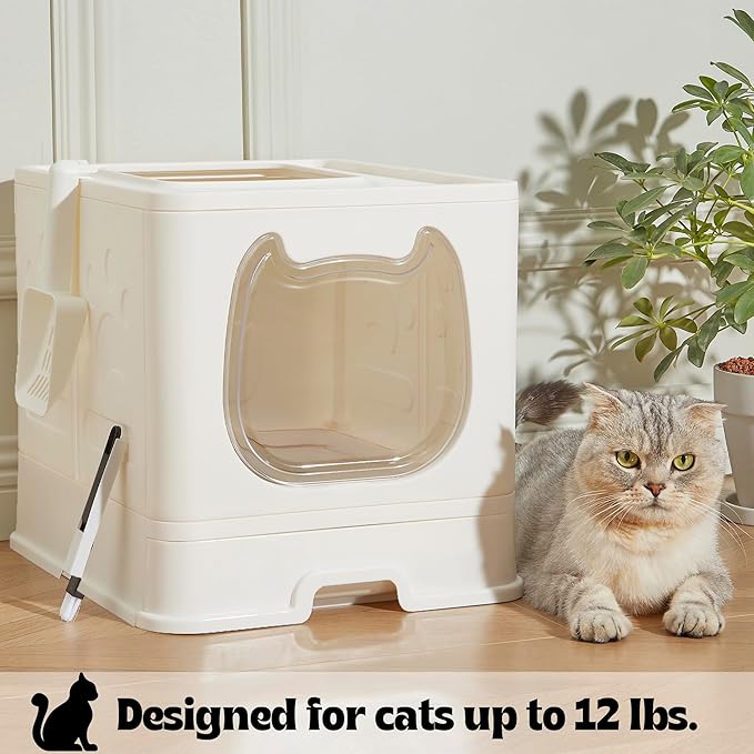 Gefryco Foldable Cat Litter Box with Lid,Covered Litter Box for Small and Medium Cats, Enclosed Cat Potty with Scoop and Brush, Top Entry Cute Kitten Litter Tray with Drawer and Top Cover(White)-Mewly Pet