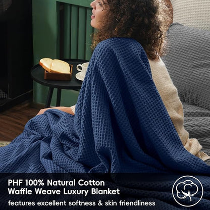 PHF 100% Cotton Waffle Weave Throw Blanket，Pre-Washed Snag Proof Lightweight Breathable Moisture-Wicking Layering in Cold Weather for Couch Bed,Machine Washable,Home Decor Gift-Navy Blue/Bright Blue