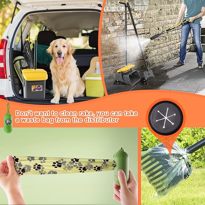 LANNEY Pooper Scooper - 46" Long Adjustable Handle Dog Pooper Scooper, Swivel Bin, Rake and 35 Waste Bag, Heavy Duty Poop Scooper for Large Medium Small Yard Dog Pet-Mewly Pet