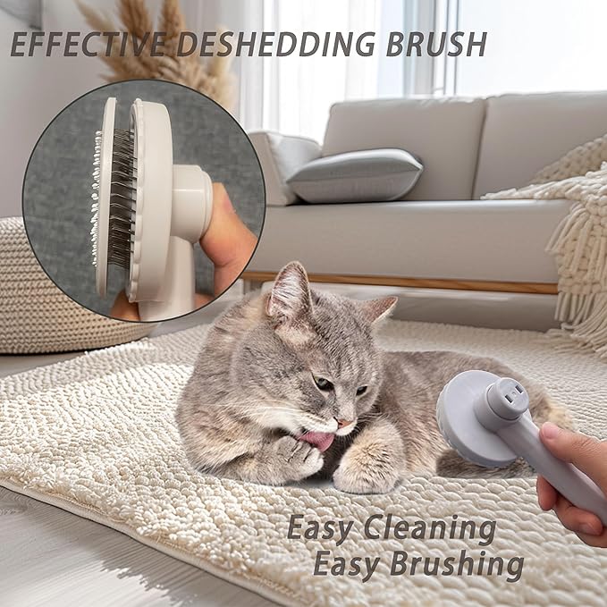 Cat Grooming Brush Kit 6 Tools - Deshedding & Dematting for Long/Short Hair, Self-Cleaning Slicker Brush with 6-in-1 Flea Comb for Cats & Kittens (White)-Mewly Pet