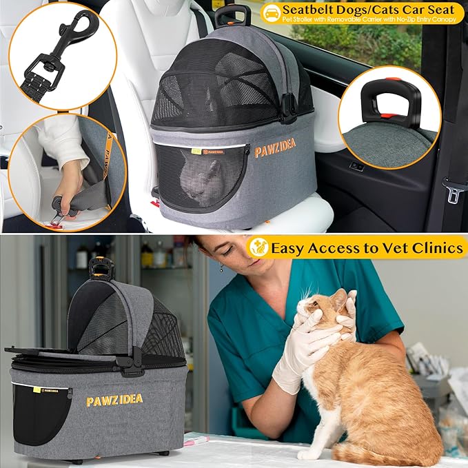 PAWZIDEA Double Pet Stroller with 2 Detachable Carriers, Portable Dog Crate for Car Travel & TSA-Approved Expandable Cat Carrier, Foldable Lightweight Jogger Stroller for 2–4 Cats or Small/Medium Dogs-Mewly Pet