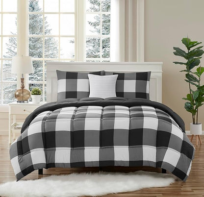 7 Piece Comforter Set Bag Solid Color All Season Soft Down Alternative Blanket & Luxurious Microfiber Bed Sheets, Full, Buffalo Plaid Black/White