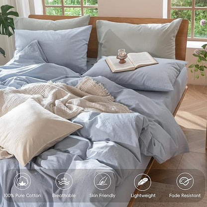 MooMee Bedding Duvet Cover Set 100% Washed Cotton Linen Like Textured Breathable Durable Soft Comfy (Heathered Cornflower Blue, King 104"x90")