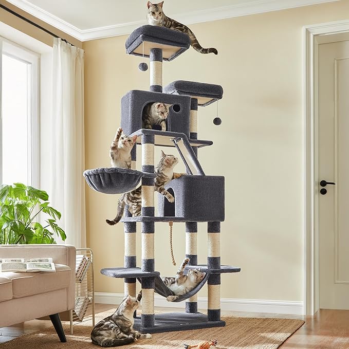 Feandrea Cat Tree, 81.1-Inch Large Cat Tower with 13 Scratching Posts, 2 Perches, 2 Caves, Basket, Hammock, Pompoms, Multi-Level Plush Cat Condo for Indoor Cats, Smoky Gray UPCT190G01-Mewly Pet