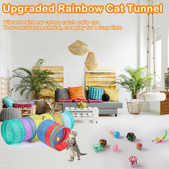 Wettarn 22 Pieces Cat Toys Set, with 2 Collapsible Tunnels for Indoor Cats and 20 Kitten Toys Tubes and Tunnels Interactive Feather Mouse Crinkle Balls for Pets Puppies(Colorful)-Mewly Pet