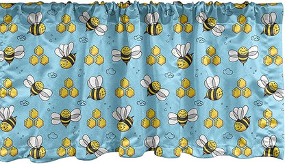 Ambesonne Cartoon Window Valance, Summer Style Funny Demonstration of Happy Flying Characters and Hexagon Comb, Curtain Valance for Kitchen Bedroom Decor with Rod Pocket, 42" x 12", Sky Blue Mustard