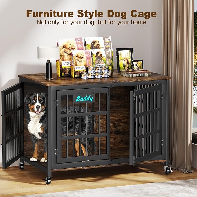 EasyCom 48"/42"/33" Dog Crate Furniture with Name Tag, Heavy Duty Dog Kennel Indoor for Large Dogs, Escape-Proof and Chew-Proof Dog Cage for high Anxiety Dog, Decorate House as TV Stand, End Table-Mewly Pet