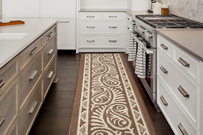 Custom Length Cut to Size Tribal Ethnic Southwestern Inspired Hallway Runner Rug, Non Slip Rubber Backed, 31 inch Wide X Customized Length, Mayan Brown, 31 inch X 4 feet, Doormat Size
