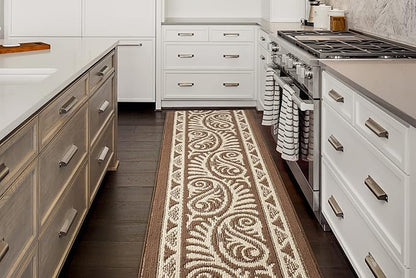 Custom Length Cut to Size Tribal Ethnic Southwestern Inspired Hallway Runner Rug, Non Slip Rubber Backed, 31 inch Wide X Customized Length, Mayan Brown, 31 inch X 20 feet