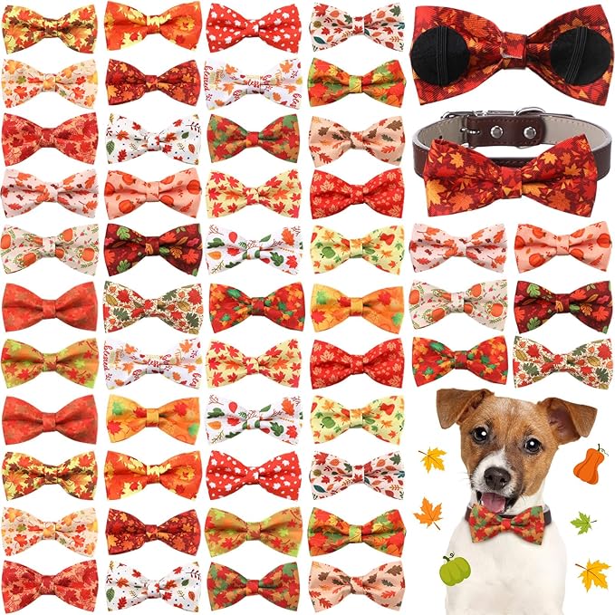 Hillban 50 Pcs Fall Collar Dog Bow Ties Maple Leaves Dogs Collar Accessories Pets Bow Ties Attachment with Elastic Bands Detachable Charms for Doggie Fall Autumn Costume-Mewly Pet