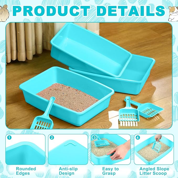 Amyhill 5 Pcs Open Cat Litter Box Kitten Litter Pan with 5 Scooper Medium Plastic Pet Tray Durable Nonstick Kitten Box for Indoor Pets Cats Rabbit Supply Easy to Clean, 14.6x10.6x3.4 Inch (Blue)-Mewly Pet