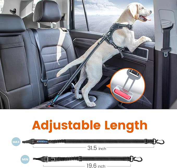 IOKHEIRA Dog Seatbelt, Updated Adjustable Harness Reflective Bungee Dog Car Seat Belt with Aviation Aluminum Alloy Rotatable Carabiner, Hook & Buckle-Mewly Pet