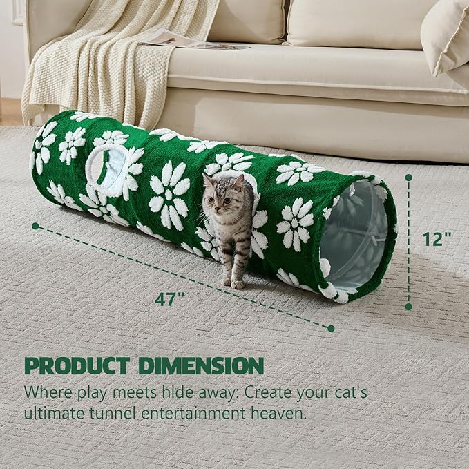 Straight Cat Tunnel for Indoor Cats 47"x12", Cute Cat Toys Collapsible Tunnel Tube with Balls for Puppy Kitten Rabbit, Green Flower-Mewly Pet