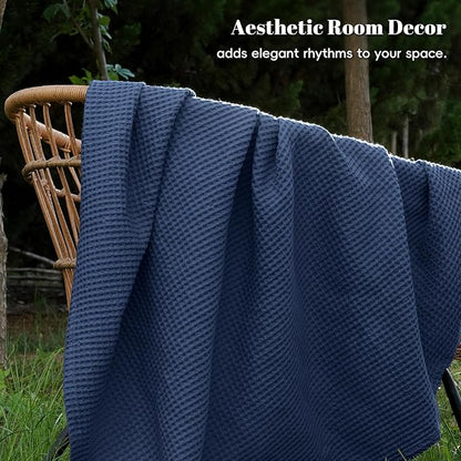 PHF 100% Cotton Waffle Weave Blanket King Size for Bed,Snag Proof Lightweight Breathable Throw for Couch,Great for Layering in Cold Weather,Machine Washable,Home Decor Gift-Navy Blue/Bright Blue