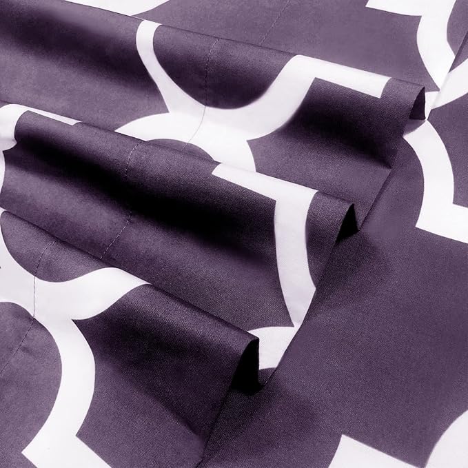 Mejoroom Queen Bed Sheet Set - Super Soft Brushed Microfiber 1800 Thread Count Queen Sheets with 16 inch Deep Pocket - Wrinkle Free - 4 Piece(Queen, Purple Quatrefoil with White Pattern)