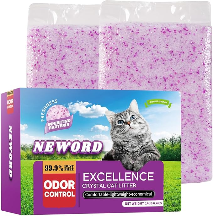 NEWORD Crystals Cat Litter Lightly Scented Litter Superior Odor Control 14 lbs Total (2 Pack of 7lb Bags) Soft-On-Paws Low Tracking Dust-Free Purple Silica Gel, Lavender-Mewly Pet