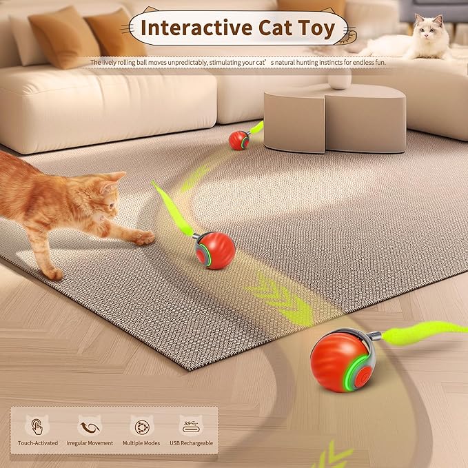 Speedy Tail 2.0 Interactive Cat Toy – Smart Self-Rolling Cat Ball with Feather Tail, Automatic Moving Motorized Toy for Indoor Cats, Chasing & Hunting Fun (Orange)-Mewly Pet