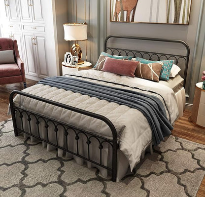 TUSEER Metal Bed Frame Queen Size with Vintage Headboard and Footboard Platform Base Wrought Iron Bed Frame (Queen,Black)