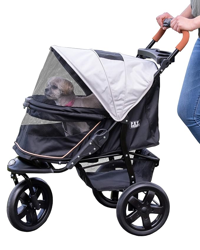 Pet Gear No-Zip AT3 Pet Stroller for Cats/Dogs, Zipperless Entry, Easy One-Hand Fold, Jogging Tires, Removable Liner, Cup Holder + Storage Basket, 1 Model, 2 Colors New Summit Grey-Mewly Pet