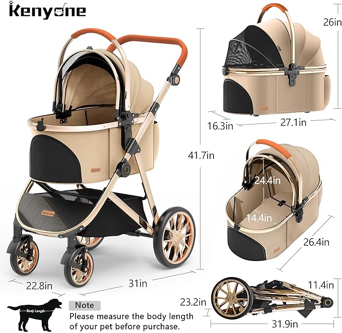 Kenyone Luxury Pet Stroller 3 in 1 with Electroplated Gold Mirror Finish for Medium Small Size Dogs and Cats, High-End Detachable Carrier for Puppy, Kitty, Doggie(C910L Khaki)-Mewly Pet