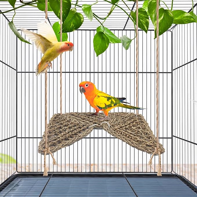 BNOSDM Bird Seagrass Mat, 3 PCS 7.1 x 7.1 Inches Parrot Natural Seagrass Woven Bird Net Hammock Mats Chew Toys Bird Hideout Cage Accessories for Lovebird Cockatiel Conure Budgie Hamster Rats-Mewly Pet