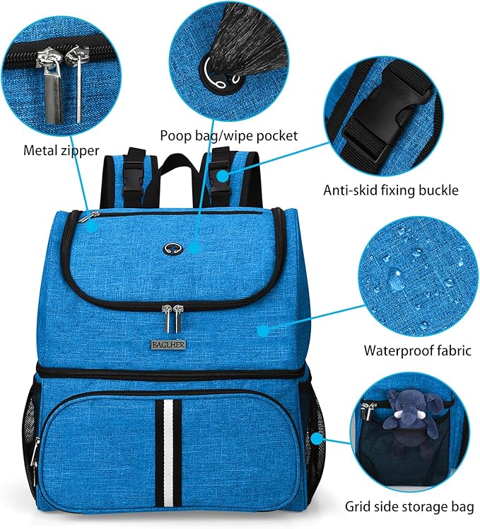 BAGLHER Pet Travel Bag, Double-Layer Pet Supplies Backpack (for All Pet Travel Supplies), Pet Travel Backpack with 2 Silicone Collapsible Bowls and 2 Food Baskets Blue-Mewly Pet