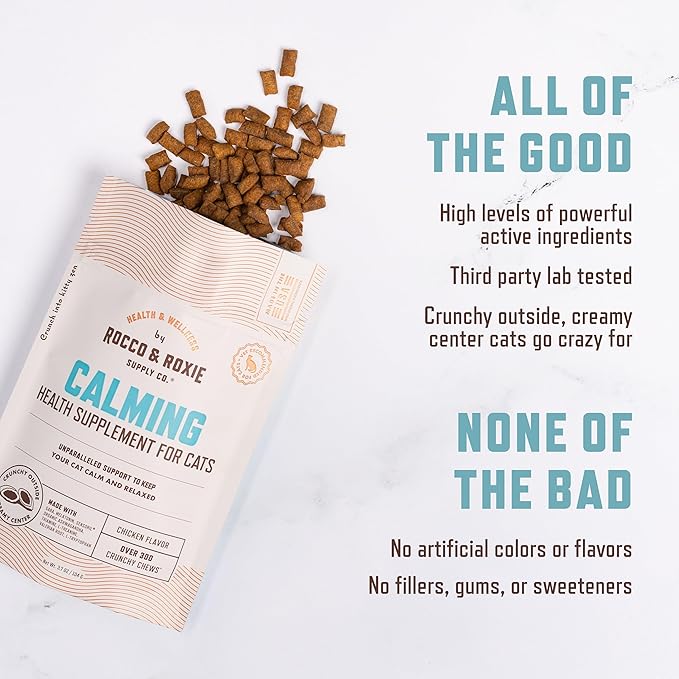 Rocco & Roxie Cat Calming Treats with Melatonin for Cats, Stress and Anxiety Relief, Keep Calm for Grooming, Travel, or Vet Visits, Aid Sleep with Organic Ashwagandha and GABA, Chicken Flavored Chews-Mewly Pet