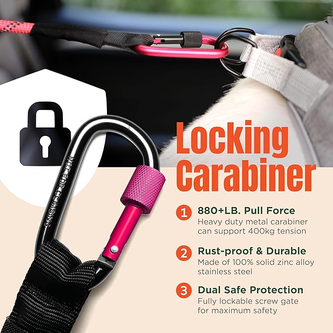 Dog Seat Belt for Car | Universal Dog Car Seatbelt | Durable Reflective Rope with Clip Hook Latch, Buckle and Carabiner- Safe and Secure Pet Safety Restraint (Pink)-Mewly Pet