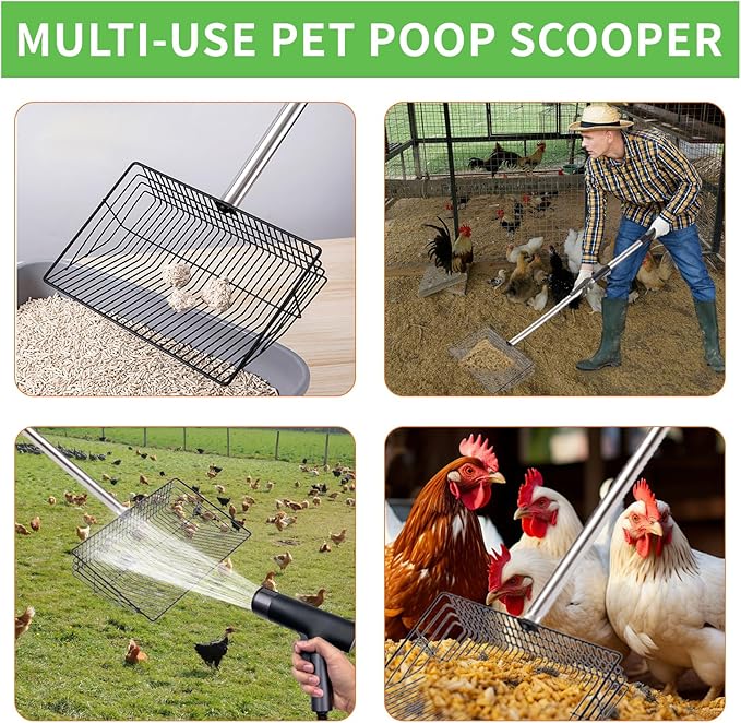 Large Chicken Poop Scooper, Metal Coop Scoop with 32" to 67" Adjustable Long Stainless Steel Handle, Chicken Poop Scooper for Sand with Heavy Duty Sifting Shovel for Chicken/ Horse/ Pet Coops (10 IN)-Mewly Pet