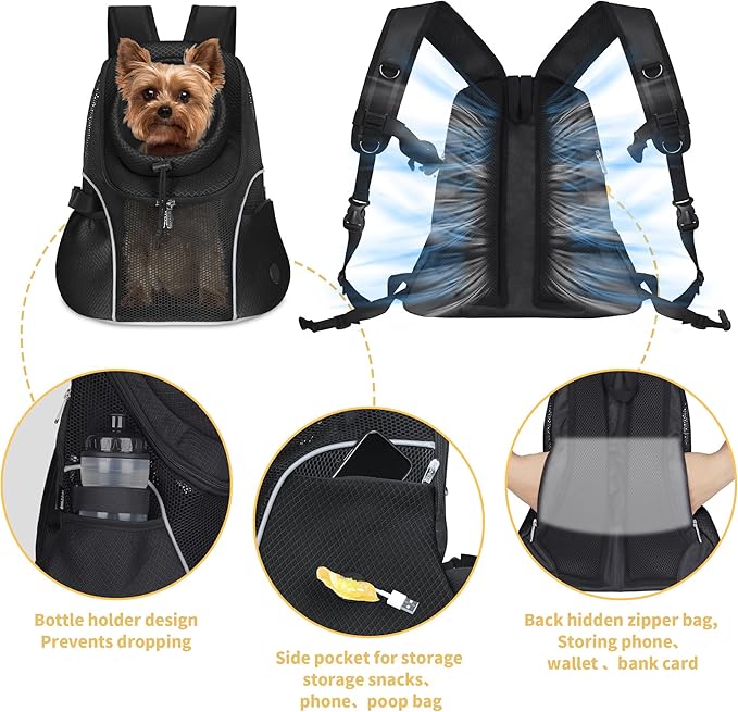 WOYYHO Pet Dog Carrier Backpack Small Dog Front Backpack Ventilated Mesh Dog Travel Back Pack with Safety Belt for Travel Hiking Cycling Outdoor Adventures (Size M: 5-9 lbs, Black)-Mewly Pet