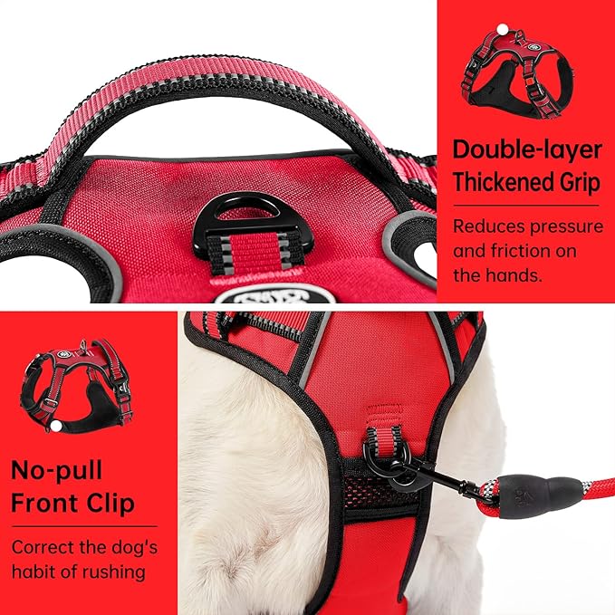 IVY&LANE No Pull Dog Harness for Large Dogs, Dog Vest Harness with Leash, Safety Belt and Storage Strap, Fully Adjustable Harness, 360° Reflective Strip, Soft Handle (Red, L)-Mewly Pet