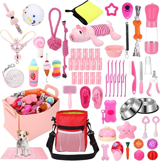 65 Pcs Puppy Supplies Starter Kit Small Dog Essentials Includes Dog Leash, Toys, Bowl, Brushes, Water Bottles, pet Blankets Puppy Accessories for New Welcome Gift Supplies(Cute,Pink)-Mewly Pet