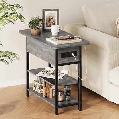Yoobure End Table with Charging Station, Flip Top Side Table with USB Ports and Outlets, Sofa Couch Table Bedside Table for Living Room Bedroom, Narrow Nightstand with Storage Shelves for Small Space