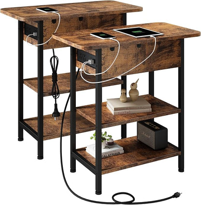 LIDYUK Set of 2 Brown End Tables with Charging Station, Narrow Side Tables for Small Spaces, Nightstands, Living Room, Brown