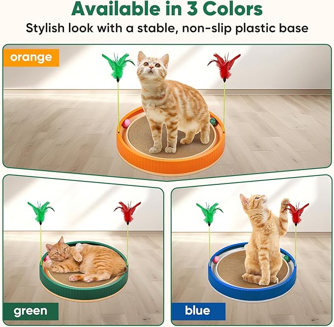 20-Inch Round Cat Scratcher with Ball Track – 3-in-1 Cardboard Scratching Pad with Feather Toy & Non-Slip Base – Interactive Cat Toy for Indoor Cats, Kittens & Large Cats (Green)-Mewly Pet