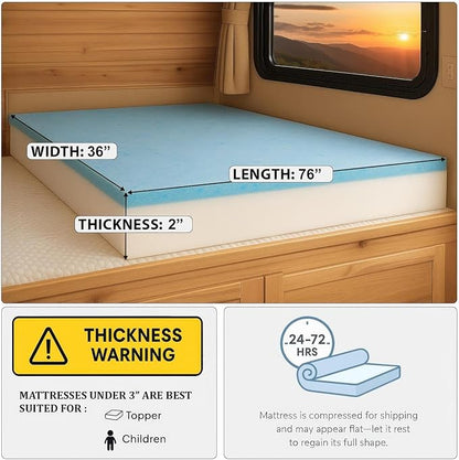 Foamma 2” x 36” x 76” Truck, Camper, RV Travel Visco Gel Memory Foam Bunk Mattress Replacement, Made in USA, Comfortable, Travel Trailer, CertiPUR-US Certified, Cover Not Included