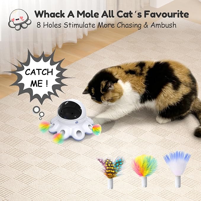 ORSDA Cat Laser Toy, 2-in-1 Interactive Automatic Motion Activated Moving 8 Holes Whack A Mole Feather, USB Rechargeable Electronic Smart Sensor Kitten Toys for Indoor Exercise-Mewly Pet