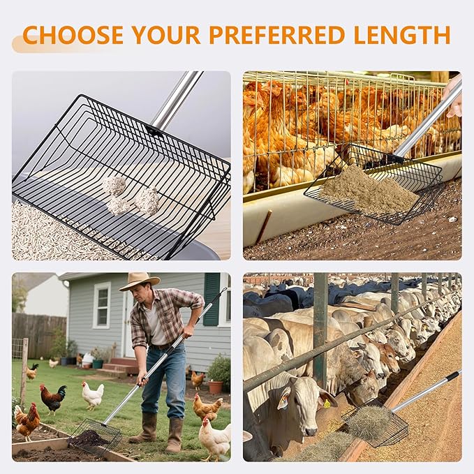 10inch Large Chicken Poop Scooper,36 to 67" Adjustable Long Chicken Coop Litter Metal Scoop with Stainless Steel Handle,5-in-1 Detachable Poop Shovel for Sand,Pet,Chicken,Cat Cleaning Tools.-Mewly Pet